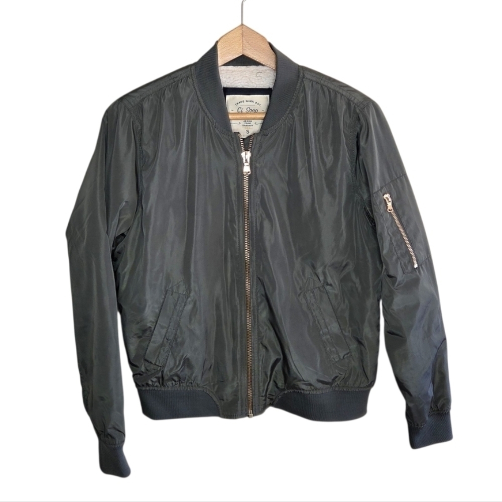 Ci Sono Originals Olive Green Shiny Bomber Jacket Gold Tone Zipper Size Small